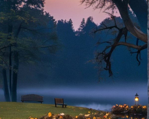 Tranquil Pond at Sunrise with Fog and Benches