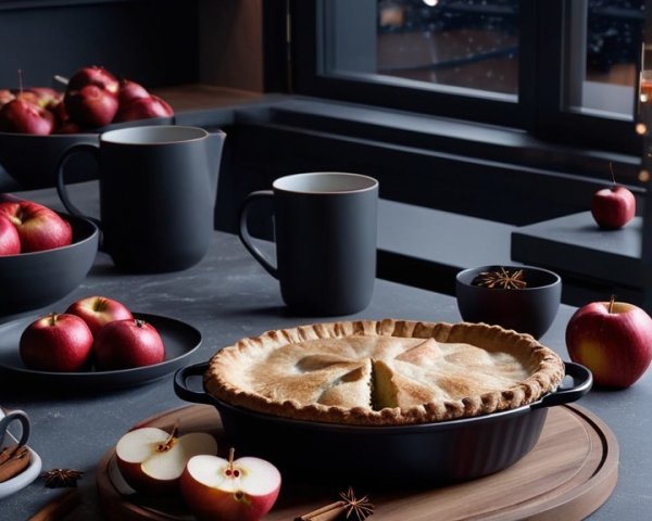 Rustic Kitchen Counter with Apple Pie and Red Apples