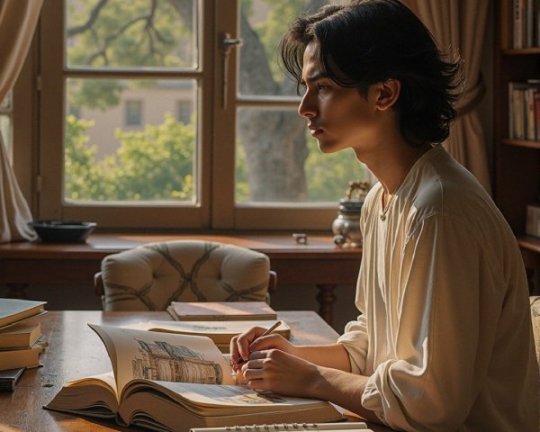 Young man at table with book and window view