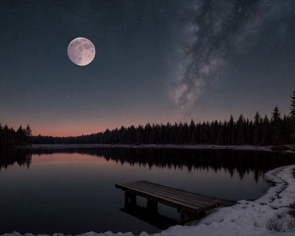 Moonlit Lake with Stars and Silhouetted Trees