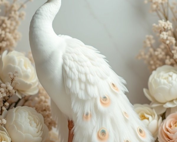 White Peacock Surrounded by Pastel Flowers