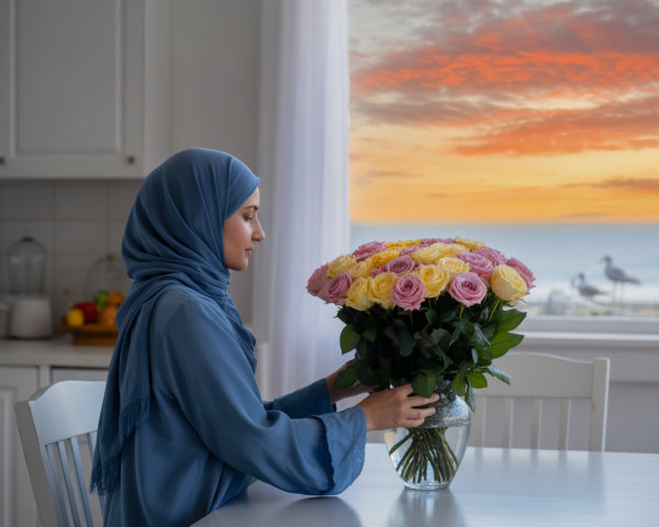 Woman in blue hijab with roses at sunset kitchen table