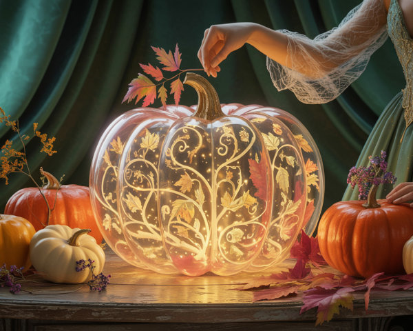 Illuminated Pumpkin with Floral Designs on Wooden Table