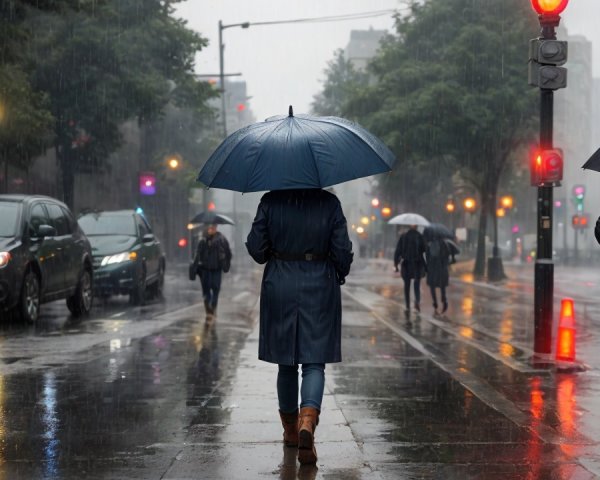 Rainy City Street Scene with Pedestrians and Umbrellas