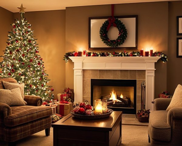 Cozy Christmas Living Room with Decorated Tree and Fireplace