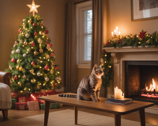 Cozy Holiday Living Room with Christmas Tree and Fireplace