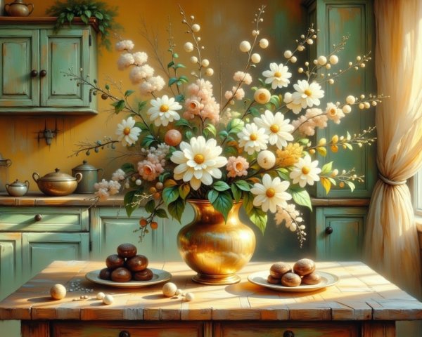 Vibrant Kitchen Scene with Flowers and Rustic Decor