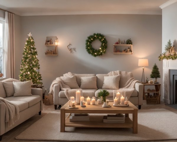 Cozy Holiday Living Room with Festive Decor Elements
