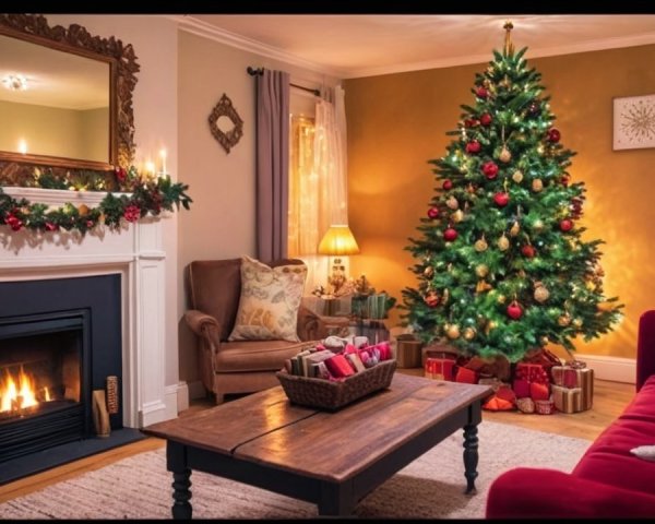 Cozy Holiday Living Room with Decorated Christmas Tree