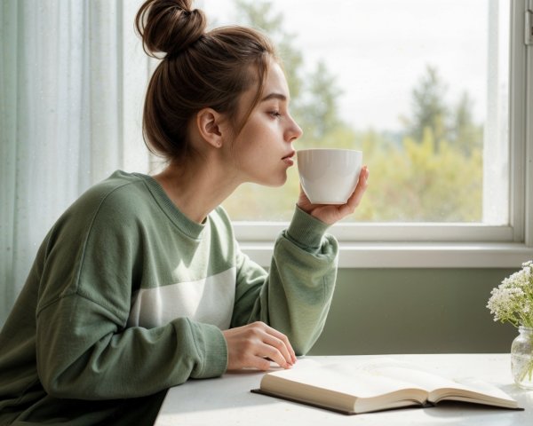 Young Woman with Coffee by Window in Cozy Setting