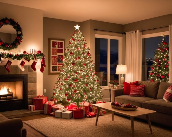 Cozy Christmas Living Room with Fireplace and Tree