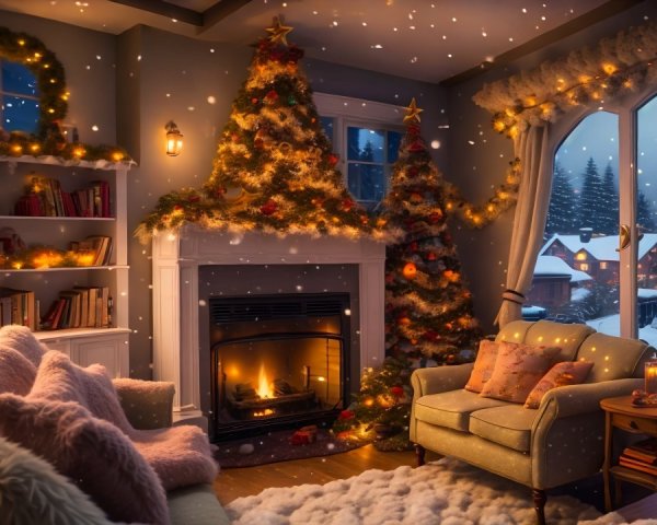 Cozy Holiday Living Room with Christmas Trees and Fireplace