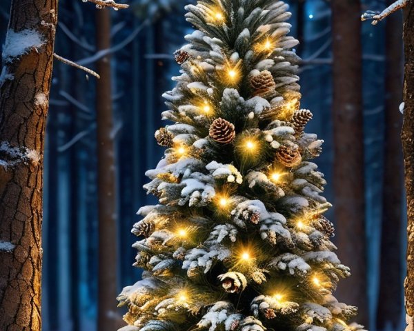 Christmas Tree with Pinecones and Yellow Lights