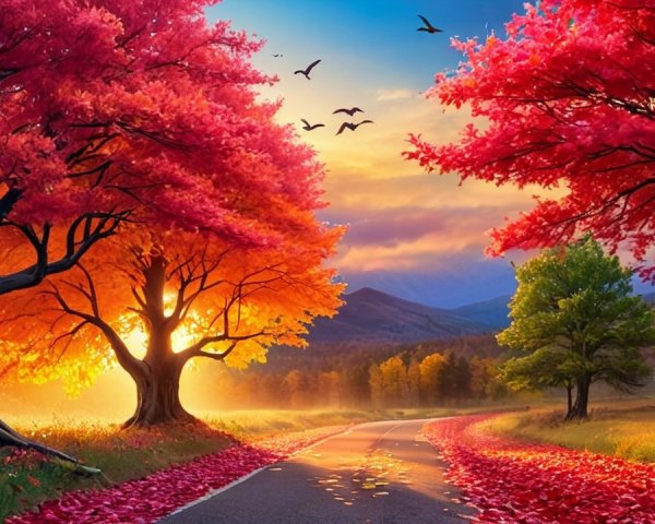 Autumn Landscape with Winding Road and Vibrant Trees