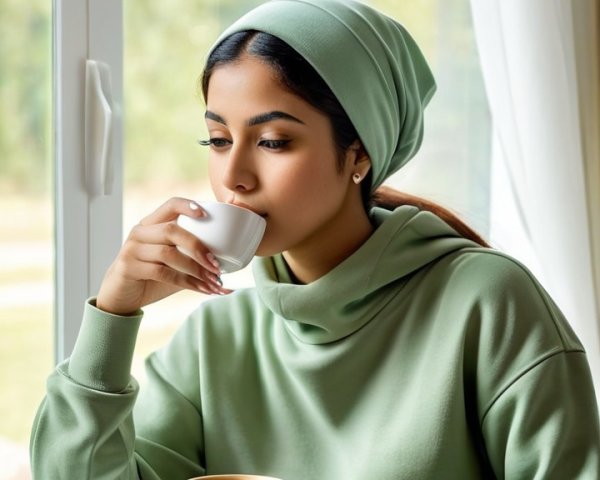 Young woman in mint-green hoodie by window with cup