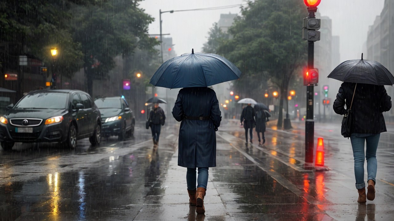 Rainy City Street Scene with Pedestrians and Umbrellas
