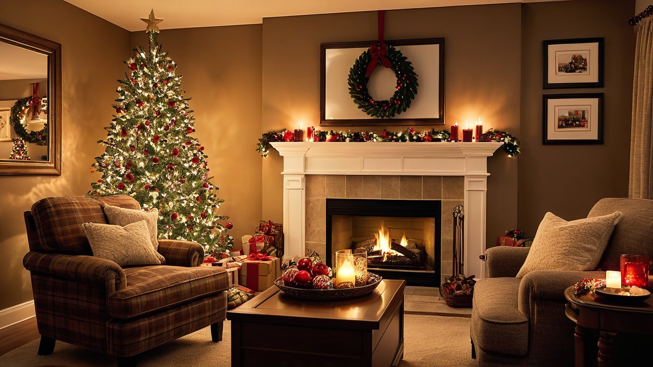 Cozy Christmas Living Room with Decorated Tree and Fireplace