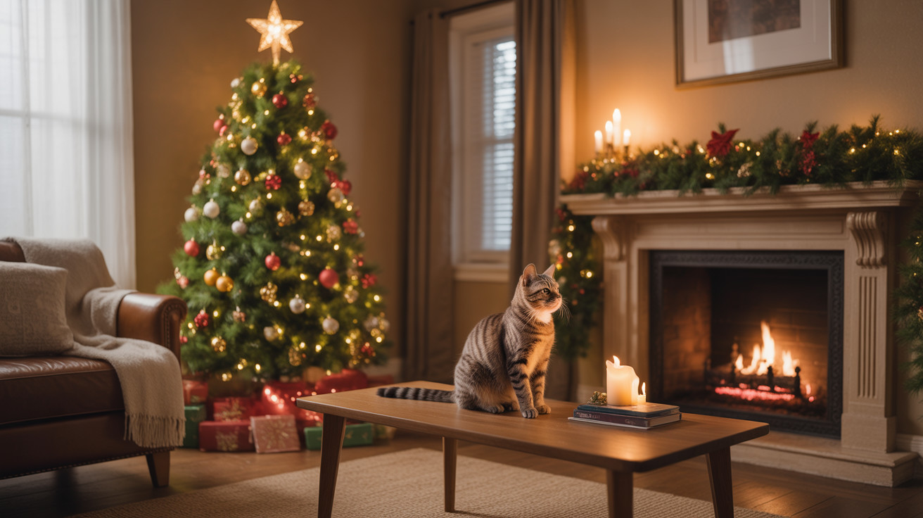 Cozy Holiday Living Room with Christmas Tree and Fireplace