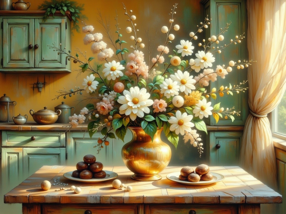 Vibrant Kitchen Scene with Flowers and Rustic Decor