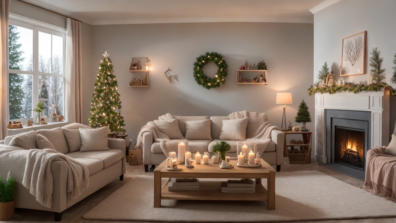 Cozy Holiday Living Room with Festive Decor Elements
