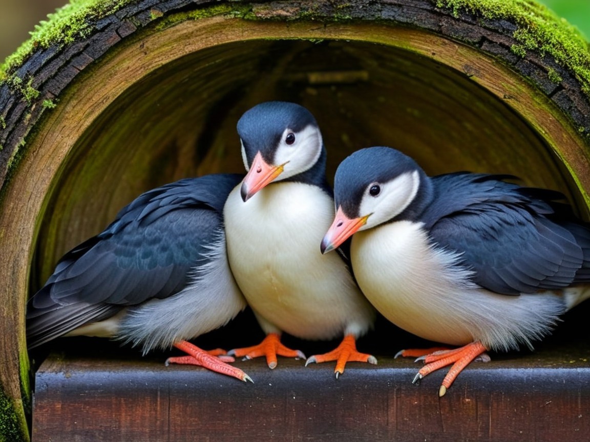Seabirds in Nesting Box with Greenery Background