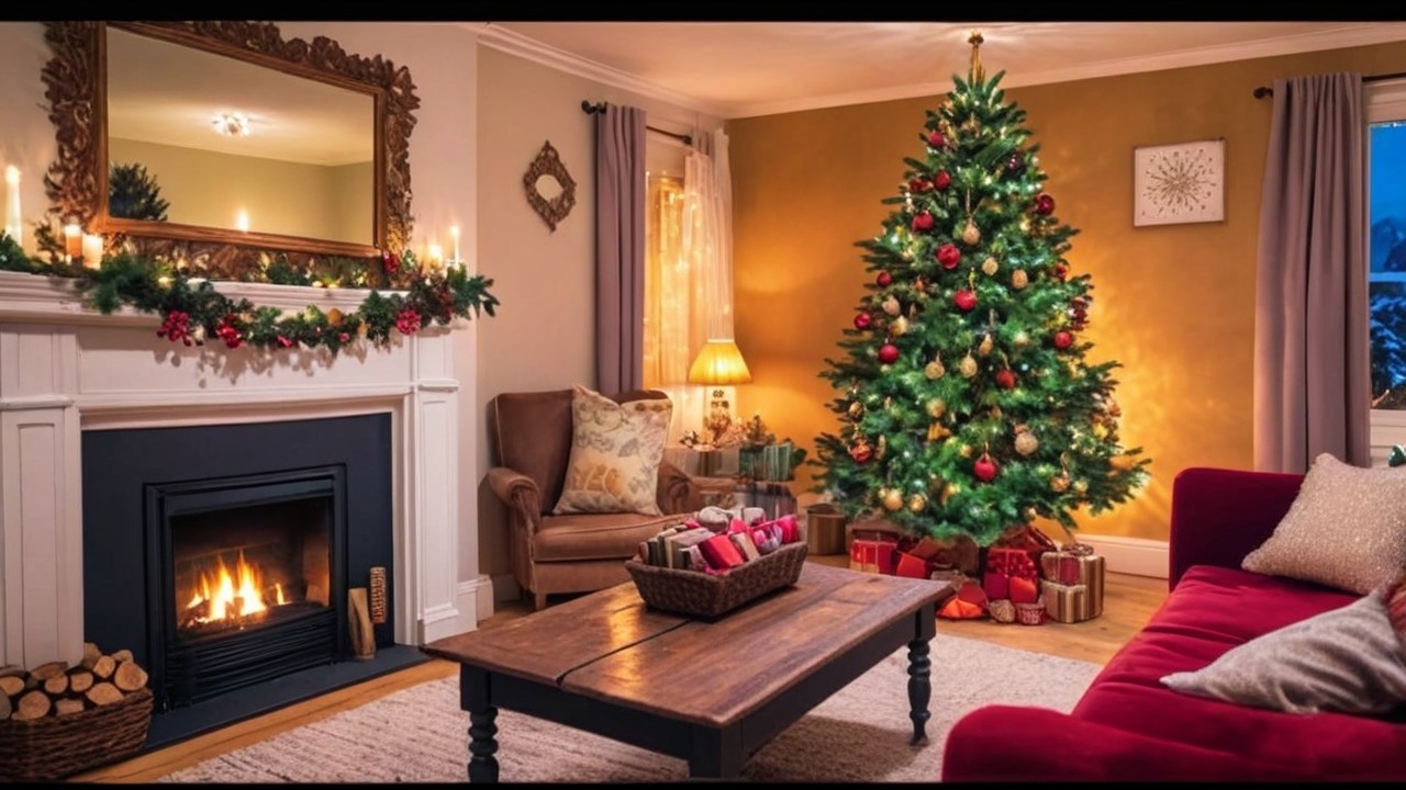 Cozy Holiday Living Room with Decorated Christmas Tree