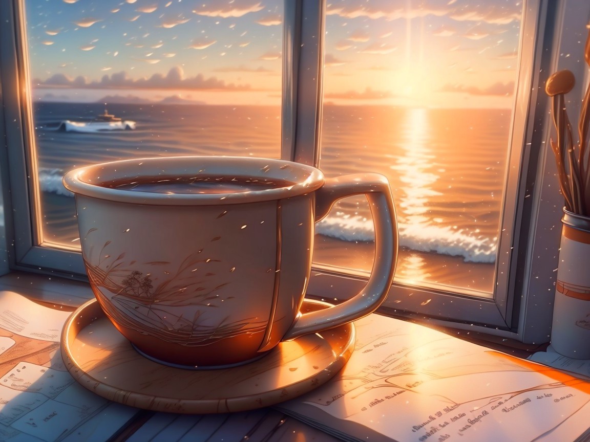 Cozy Tea or Coffee Scene with Ocean Sunset View