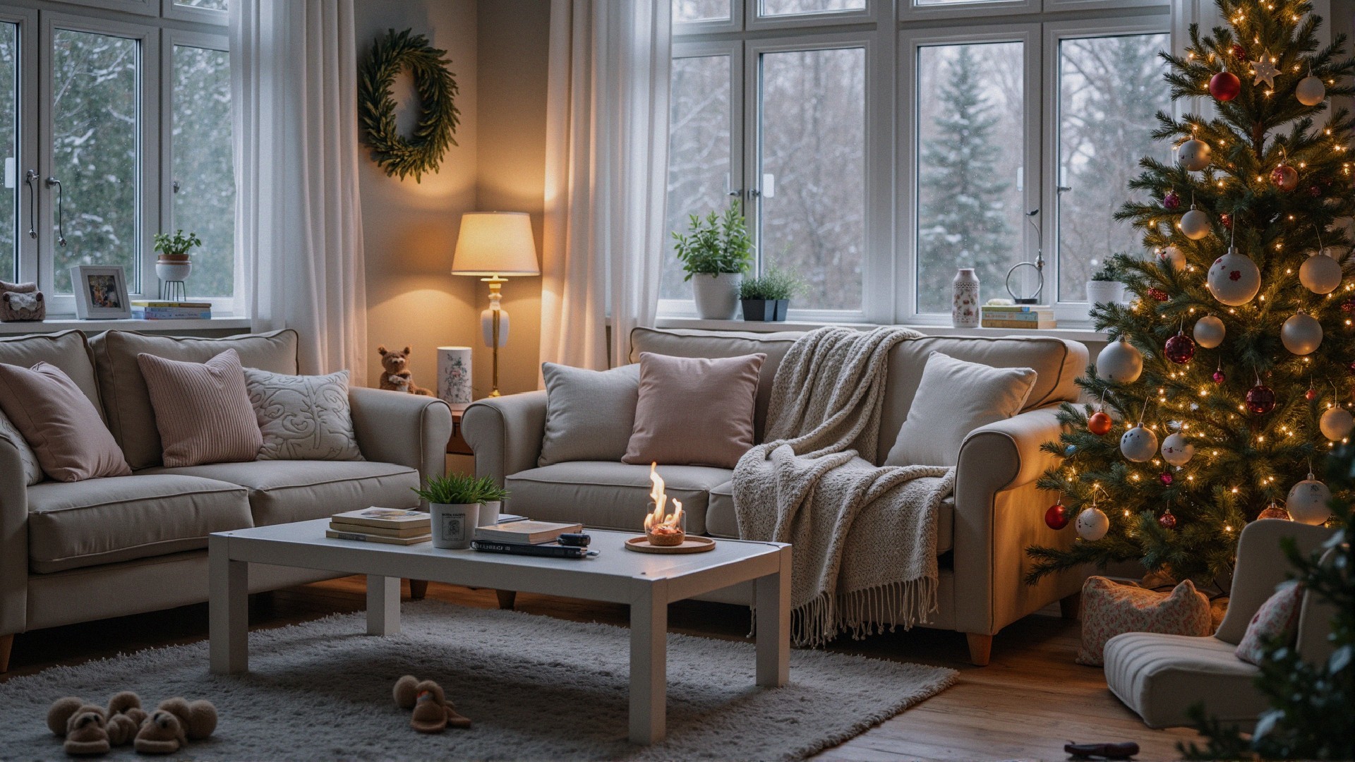 Cozy Christmas Living Room with Decorated Tree and Sofas
