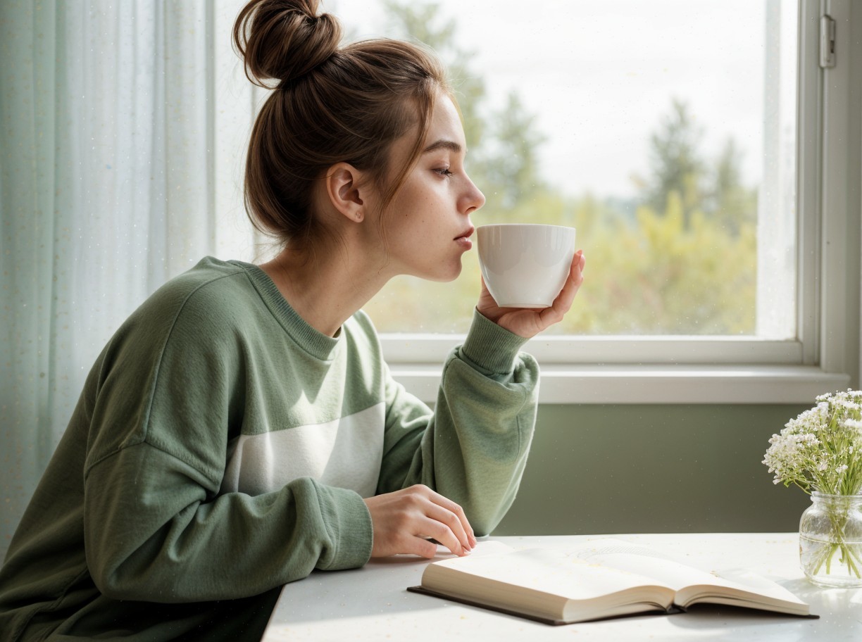 Young Woman with Coffee by Window in Cozy Setting