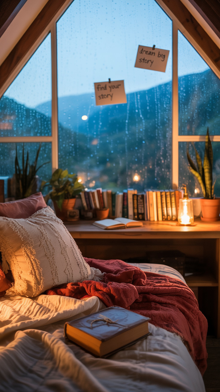 Cozy Bedroom with Rainy Window and Inspirational Decor