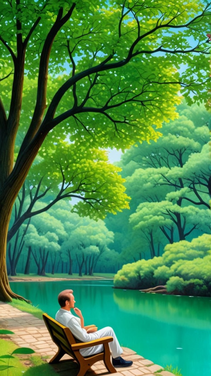 Man on Bench by Tranquil Lake Surrounded by Trees