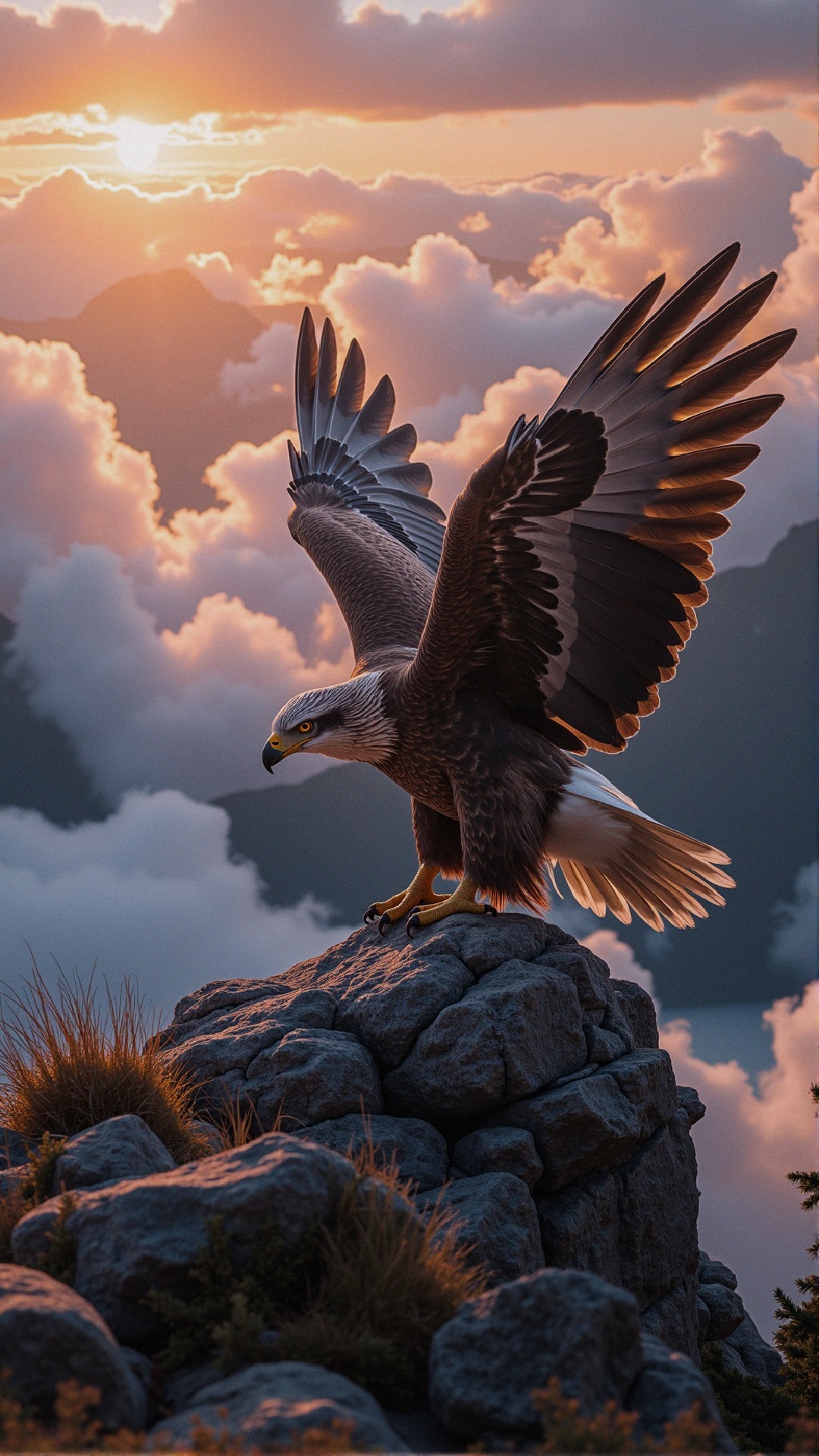 Eagle with Brown and White Feathers at Sunset