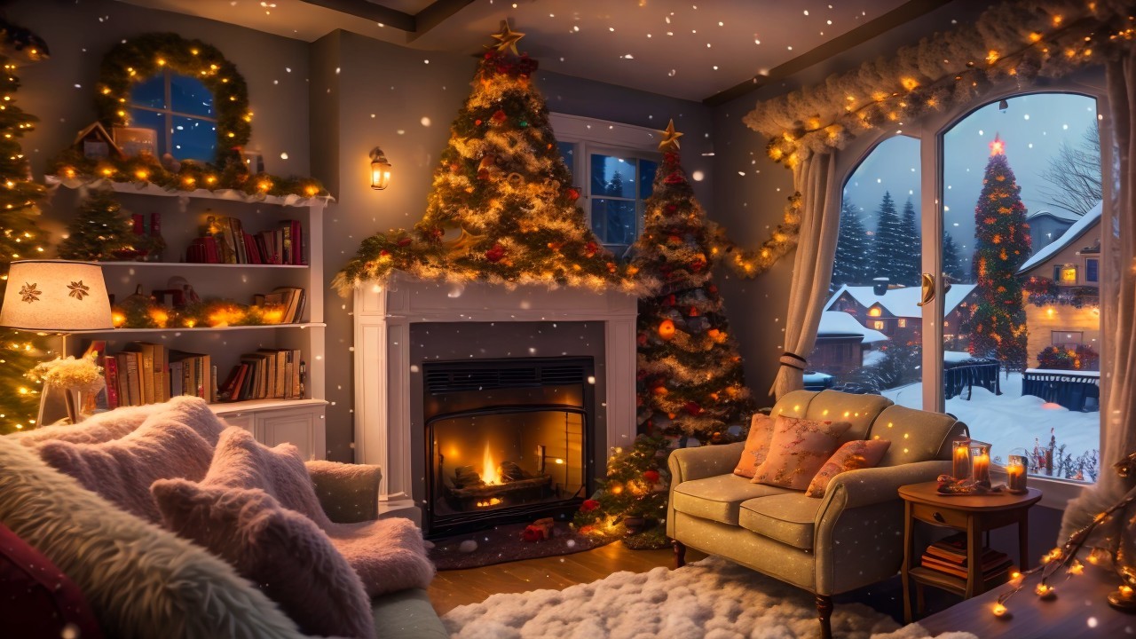Cozy Holiday Living Room with Christmas Trees and Fireplace