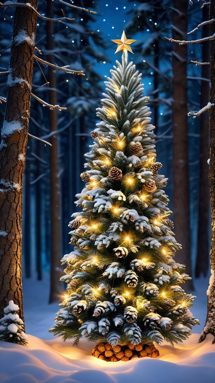Christmas Tree with Pinecones and Yellow Lights
