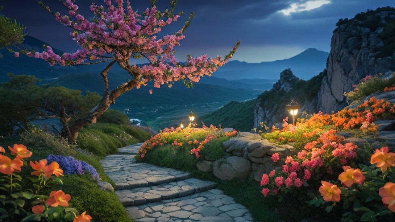 Serene Evening Landscape with Stone Pathway and Flowers
