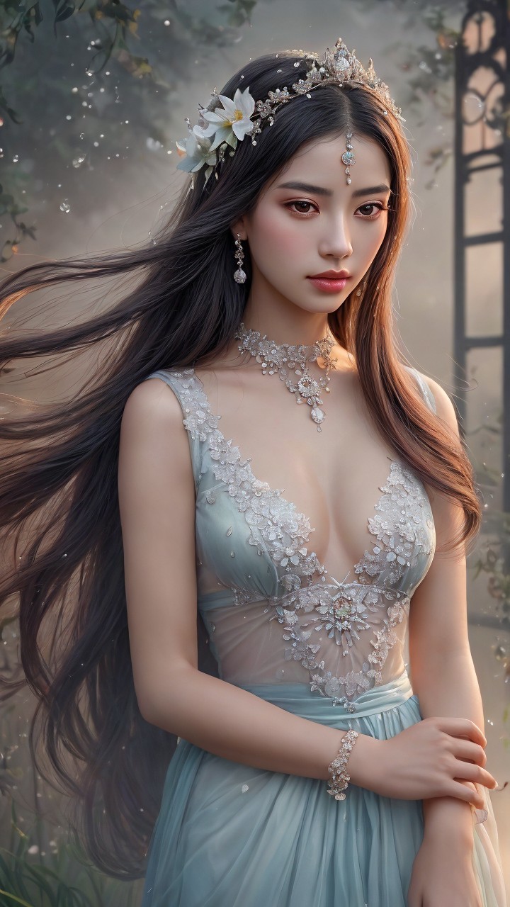 Young Woman in Light Blue Gown in Dreamy Landscape