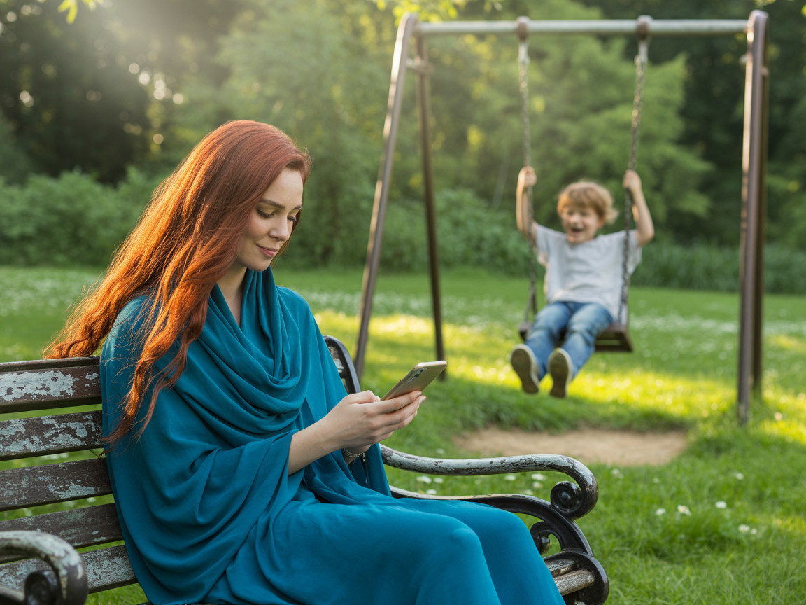 Woman with Red Hair and Boy on Playground Swing