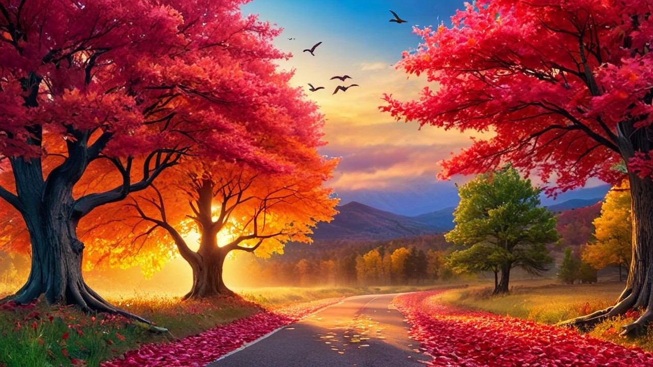 Autumn Landscape with Winding Road and Vibrant Trees