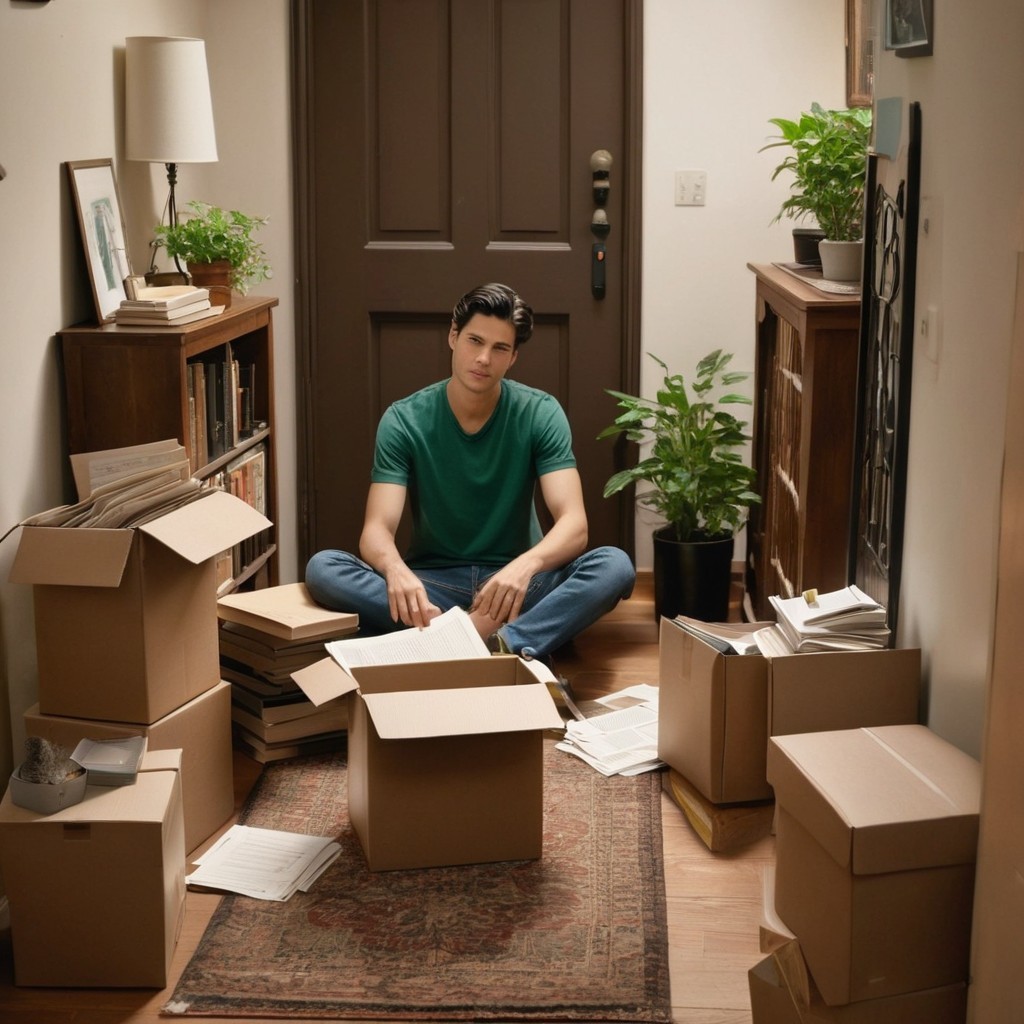 Young man in cozy foyer with boxes and plants