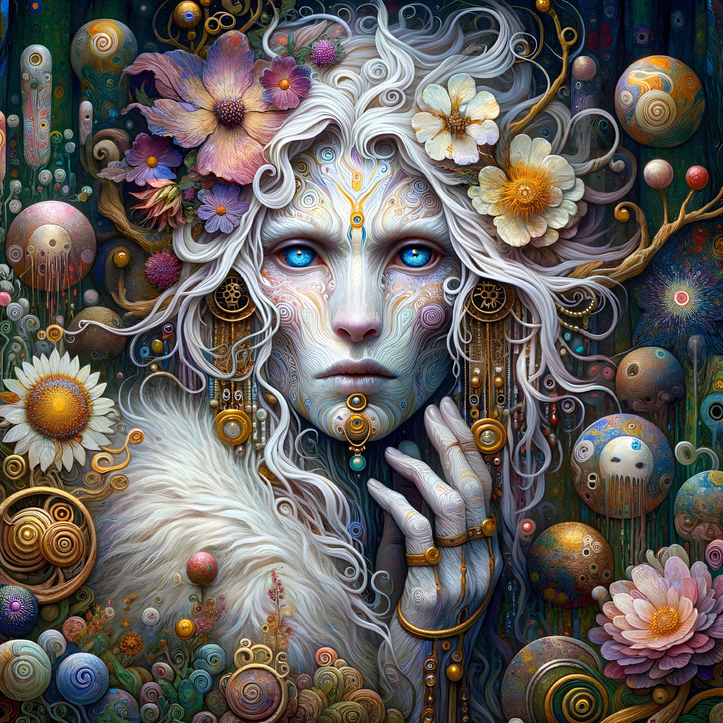 Mystical figure with blue eyes and floral surroundings