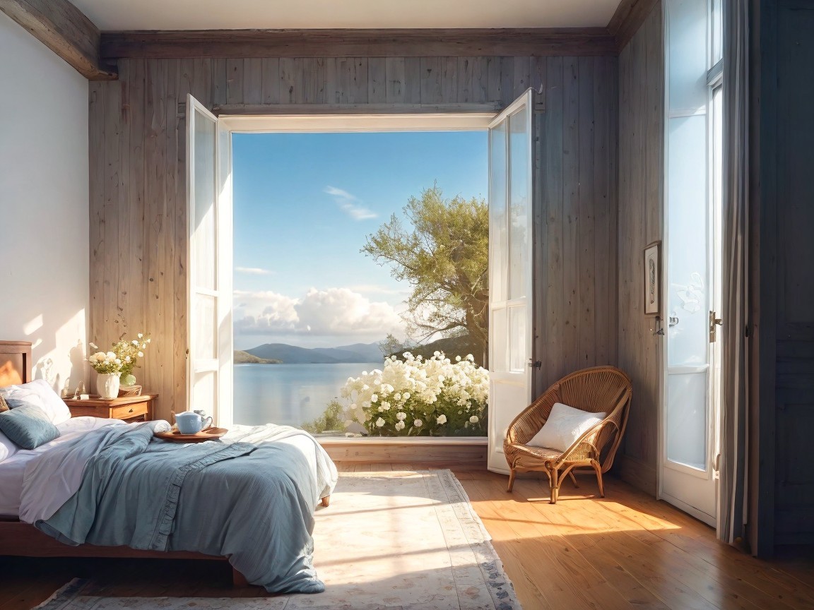 Serene bedroom with lakeside view and calming decor