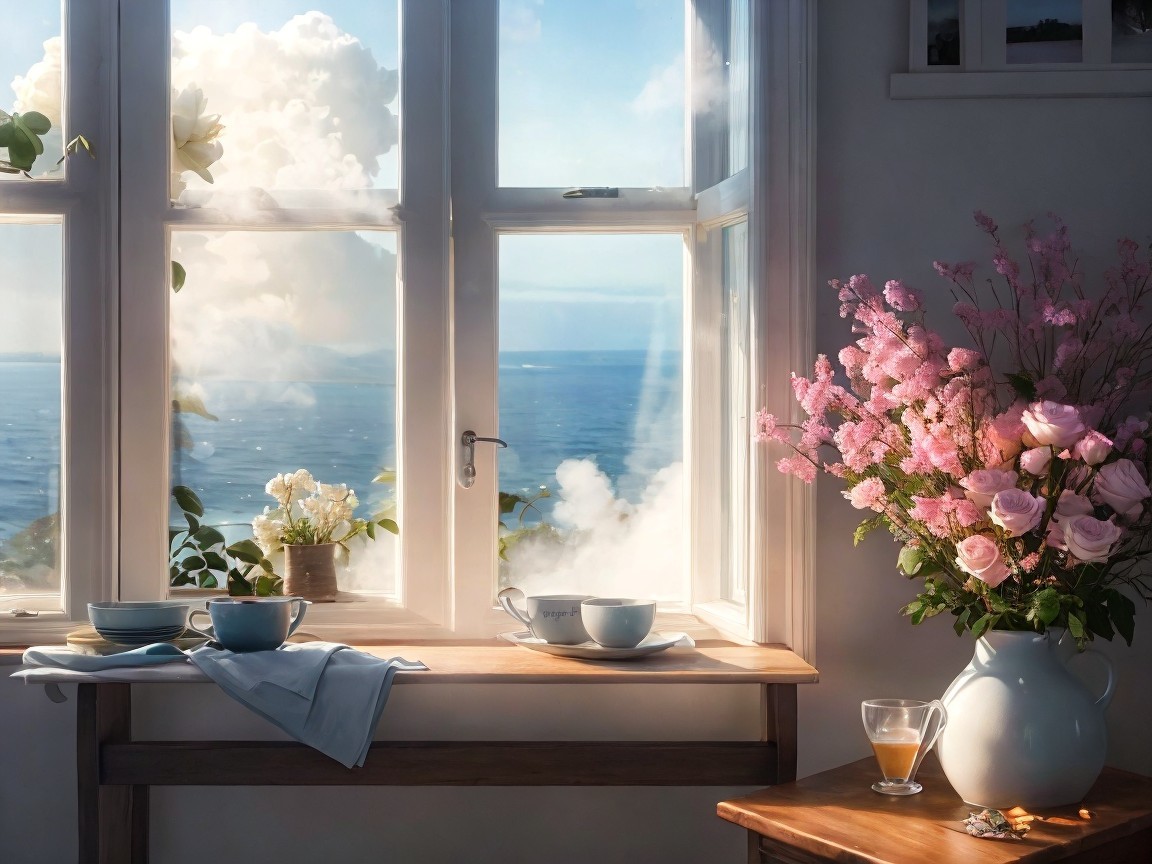 Coastal Scene with Floral Arrangement and Sunlight