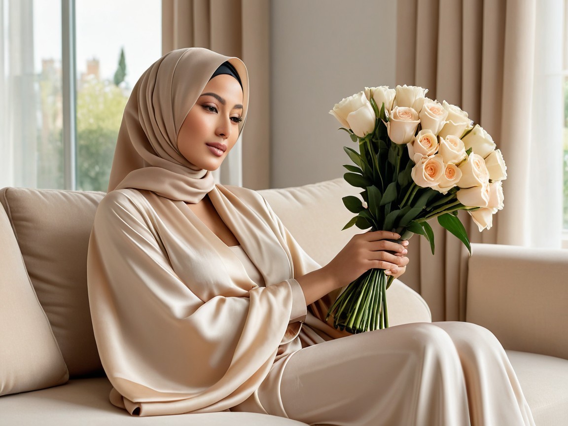 Woman in Beige Hijab Sitting on Neutral Sofa with Roses