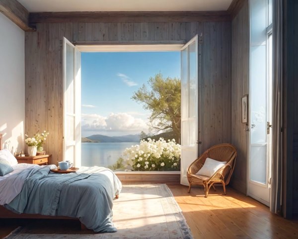 Serene bedroom with lakeside view and calming decor