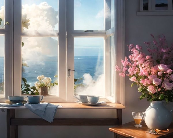 Coastal Scene with Floral Arrangement and Sunlight