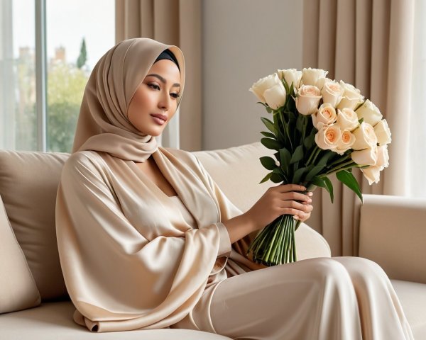 Woman in Beige Hijab Sitting on Neutral Sofa with Roses
