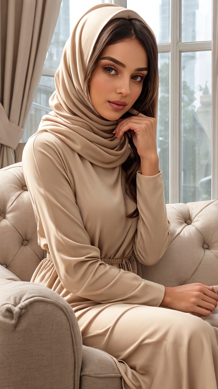 Young woman in beige hijab seated on plush sofa
