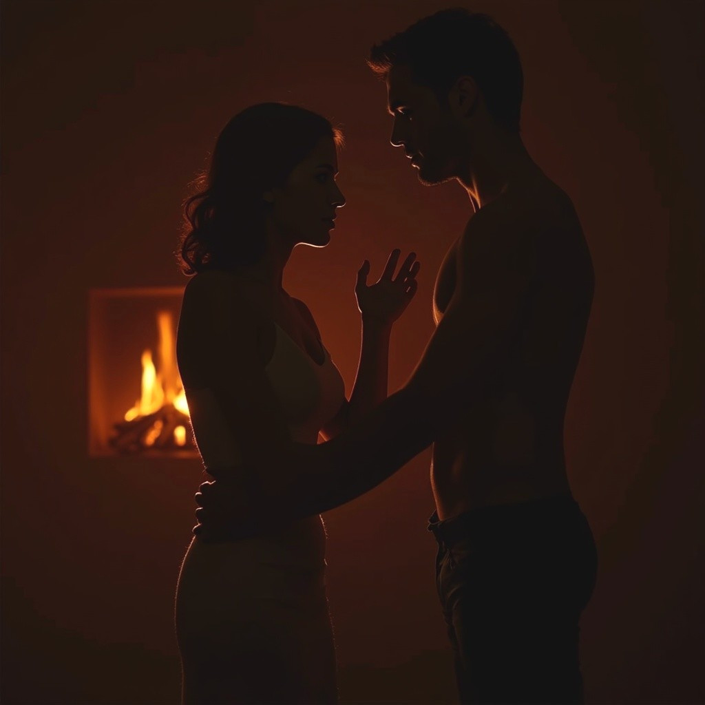 Couple in Intimate Setting by Firelight Shadows