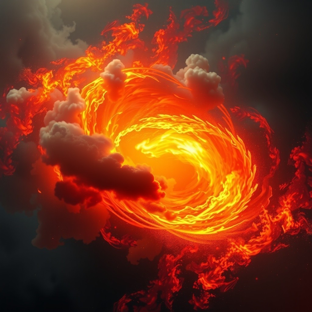 Vortex of Orange and Yellow Flames Against Dark Clouds
