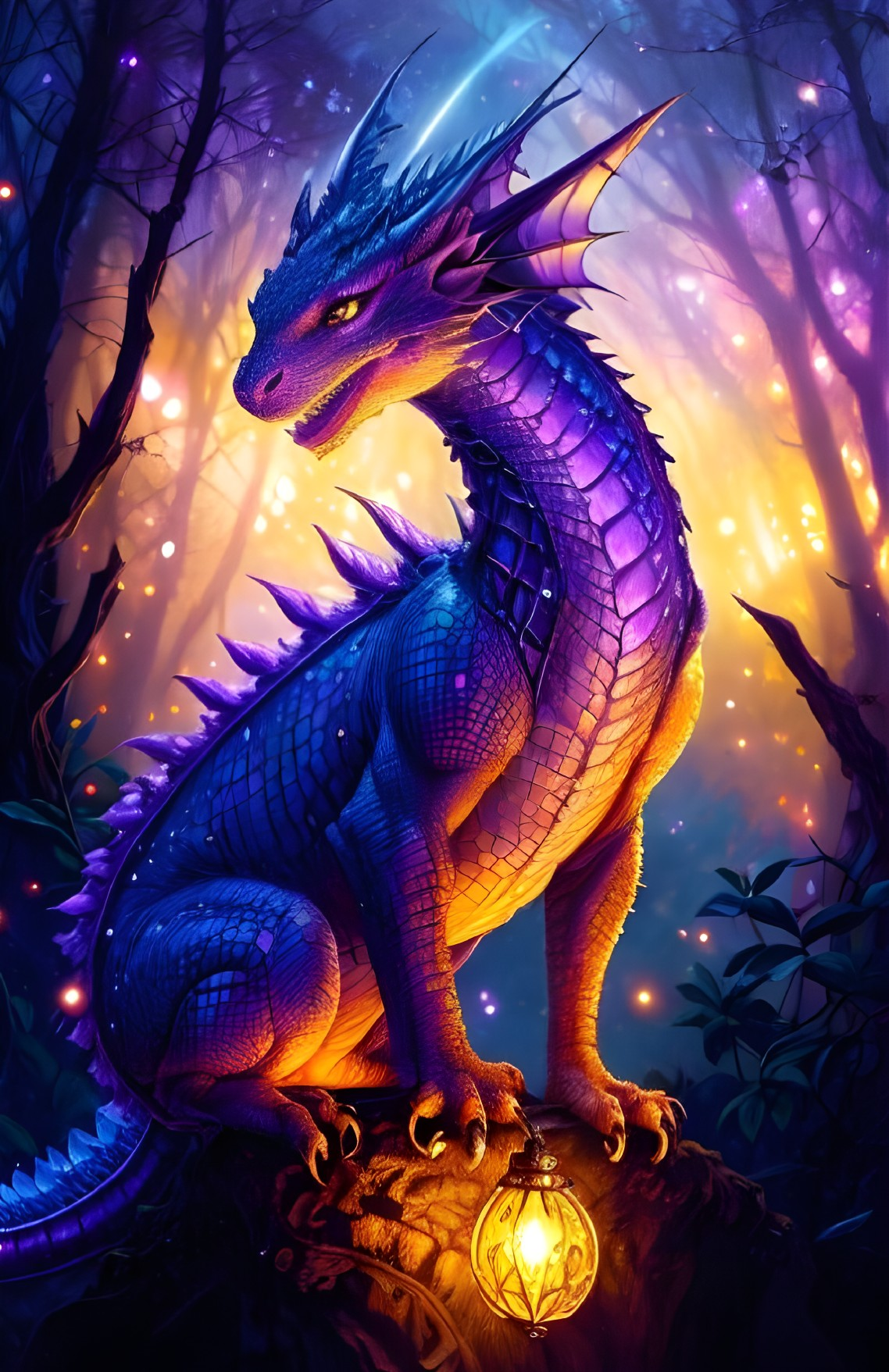 Blue dragon in mystical forest with lantern at dusk